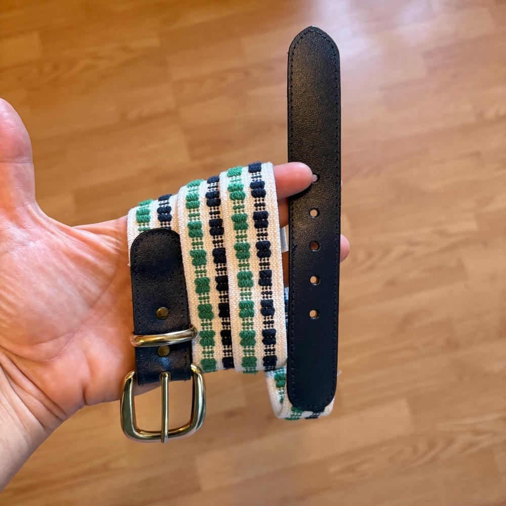 Preppy Kelly Green Navy White Belt Gold Buckle 1” Width Belt 32” Leather Elastic